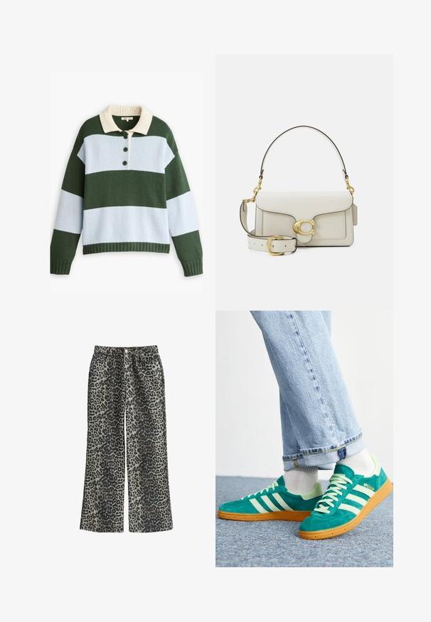 Sweter z długim rękawem, dzianinowy, w poziome paski ciemnozielone i jasnoniebieskie, z kremowym prążkowanym kołnierzykiem oraz trzema ciemnozielonymi guzikami z przodu.; Spodnie szerokie w panterkę wykonane z miękkiego materiału, z wysokim stanem, pięcioma kieszeniami i metalowym zapięciem.; Zielone zamszowe sneakersy z jas zelenymi akcentami i trzema białymi paskami. Posiadają gumową podeszwę i teksturowaną cholewkę. Casualowy, niskoprofilowy design.; Biała skórzana torebka z zapięciem w złotym odcieniu, czarnymi akcentami, odczepianym paskiem na ramię oraz usztywnioną konstrukcją z klapką.