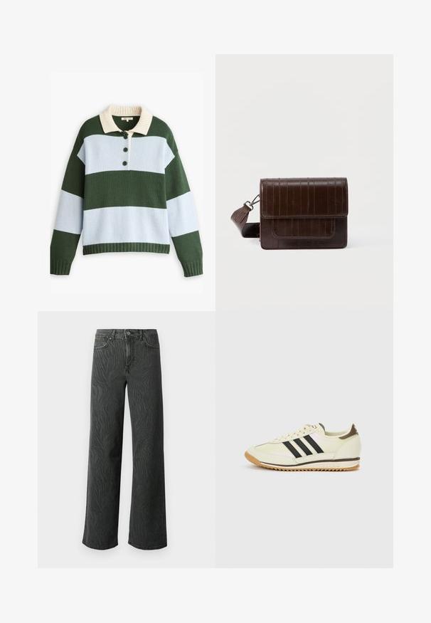 Langermet strikkegenser med mørkegrønne og lyseblå horisontale striper, kremfarget ribbet krage, og tre mørkegrønne knapper på forsiden.; Vide ben jeans i mørkegrå denim, med en subtil zebra-mønster tekstur, kontrast søm, og fem lommer med knappestol. ; Hvit sneaker med svarte striper, skinnoverdel, gummisåle og lysebrune detaljer. Har klassisk snøring og mønstret tunge.; Brun lær crossbody-veske med en teksturert finish, med klaffelukking, justerbar stropp og frontlomme. Kompakt rektangulær form.