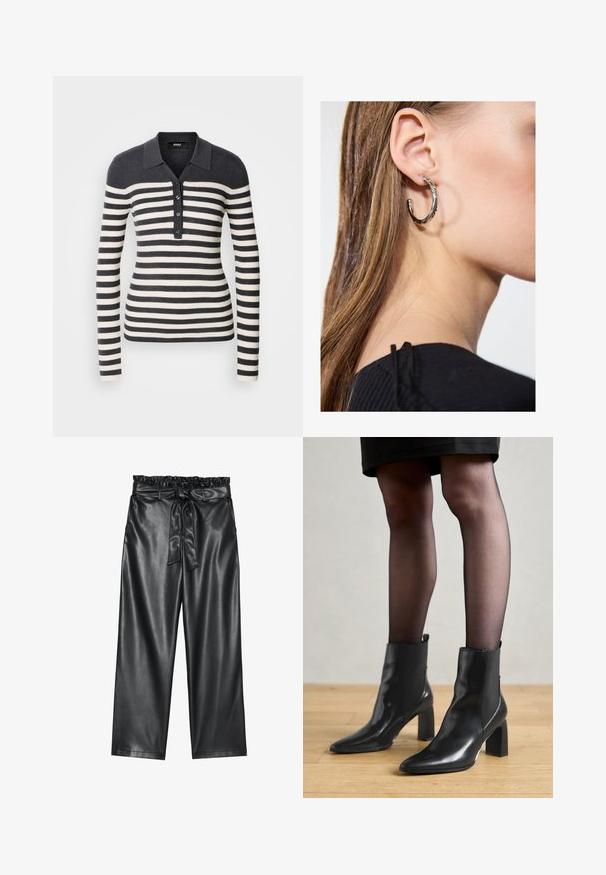 Ribadega pikkade varrukatega pullover tumesinises ja kreemis, millel on kraega kaelus ja nupud ees. Ühtlane ribatekstuuri disain.; Valge pikkade varrukatega pluus klassikalise kraega, ees nööbiga sulgemine ja kokkuvõetud külgedega detail. Sile kangas ja kohandatud lõige.; Must mustra aktiivse nahaga laiad püksid elastse kroogitud vöökoht ja eemaldatav sidumisrihm. Sile tekstuur ja minimaalne sära.; Mustad mustad jalanõud terava ninaga, paksu ruudukujulise kontsaga ja saleda disainiga. Omavad elastseid külgpaneele mugavaks selga tõmbamiseks.; Hõbedane rõngas kõrvarõngas poleeritud viimistlusega, millel on väikesed kuldsed aktsendid ja ümmargune kuju, kantud lobus.