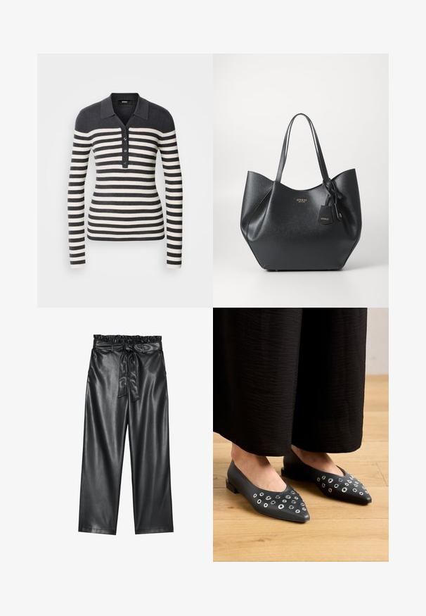 Csíkos, hosszú ujjú pulóver sötétszürke és krém színben, galléros nyakkivágással és gombos elülső résszel. Bordázott textúrával az egész felületen.; Fehér hosszú ujjú blúz klasszikus gallérral, elöl gombos záródással és összegyűrt oldali részletekkel. Simára szőtt anyag, testhez álló fazonban.; Fekete műbőr, bő szárú nadrág rugalmas, fodros derékkal és levehető övvel. Sima textúra és minimális fényesség.; Fekete bőr lapos cipők, hegyes orral, változó méretű fémbetét díszítéssel és alacsony szögletes sarkával. Simább textúra a fapadlón.; Fekete táska, textúrált szintetikus anyagból, széles sziluettel, dupla fogantyúkkal és logózott pendant részlettel.; Ez egy ezüst fülbevaló, sima felülettel, amelyen apró arany díszítőelemek találhatók. Kerek formájú és a fülcimpán viselik.