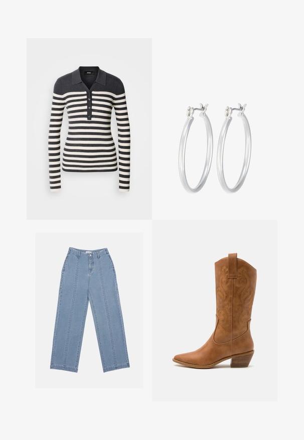 Gestreifter Langarm-Pullover in Dunkelgrau und Creme, mit kragenförmigem Ausschnitt und Knopfleiste. Rippstricktextur über das gesamte Kleidungsstück.; Hellblaue weite Jeans aus Denim. Mit hoher Taille, Knopfschluss und sichtbaren Nähten. Auf der Vorderseite sind keine Taschen sichtbar.; Braune Leder-Cowboy-Stiefel mit spitzem Zehenbereich, bestickten Wirbelmustern am Schaft und einem gestapelten Blockabsatz. Verfügt über einen Ziehriemen für das einfache Anziehen.; Silberne Creolen mit einer glatten, polierten Oberfläche. Runder Form und sicherem Klickverschluss. Leichtes Design, geeignet für den täglichen Gebrauch.
