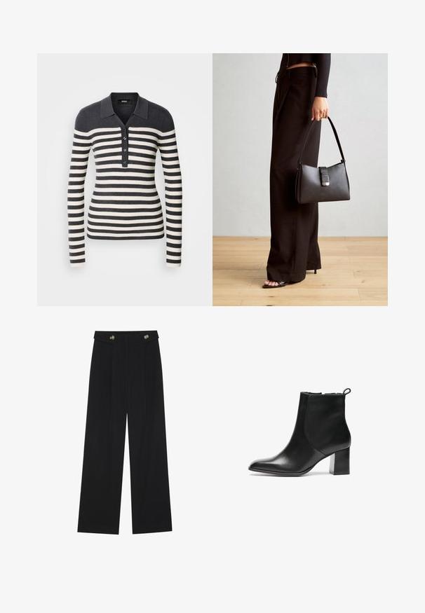 Dryžuota ilgomis rankovėmis maikutė tamsiai pilkos ir grietinėlės spalvų, su apykakle ir mygtukų uždarymu. Visame paviršiuje yra raibuliuojanti tekstūra.; Juodi plačios kojos kelnės su aukštu liemeniu, sagų detalėmis ant liemens ir priekinėmis raukšlėmis.; Juodos odinės aulinės botai su apvalia nosimi, vidutinio aukščio blokuotais kulnais ir kilpeliu gale. Lygi tekstūra, minimalistinis dizainas.; Juodas rankinė struktūrizuota forma, lygi tekstūra ir metalinis užsegimas. Suporuota su plačiomis juodomis kelnėmis ir atvirais bateliais ant medinių grindų.