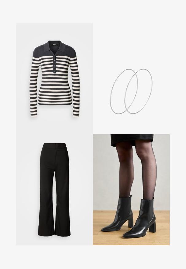 Svītrots garām piedurknēm pulovers tumši pelēkā un krēma krāsā, ar apkakles kakla izgriezumu un pogu aizdari. Rievota tekstūra visā virsmai.; Melni platlegu bikses ar gludu tekstūru, augsto vidukli un tīru dizainu. Nav redzamu kabatu vai rotājumu.; Melni ādas potīšu zābaki ar izdilušu purngala formu, masīvu kvadrātveida papēdi un elegantu dizainu. Iekļautas elastīgas sānu paneļi, kas nodrošina ērtu uzvilkšanu.; Sudraba gredzenveida auskari ar minimālistisku dizainu. Cirkulāra forma, gluda tekstūra un plāns profils. Vieglu svaru ar spīdīgu apdari.