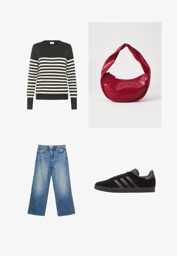 Pruhovaný svetr v tmavě šedé a bílé barvě, s crew neck, dlouhými rukávy, s horizontálními pruhy a žebrovanými manžetami a lemem. Měkký pletený materiál.; Modré džíny s širokými nohavicemi a světlým praním, které mají pět kapes, zapínání na knoflík a viditelné švy podél švů.; Černé semišové sneakers s texturovanou gumovou podrážkou, s třemi černými koženými pruhy, zaoblenou špičkou a polstrovaným límcem kolem kotníku.; Červená tkaná kožená kabelka s zakřiveným, polstrovaným uchem, zipovým zapínáním a texturovaným povrchem, který má lesklý povrch.