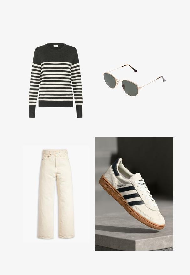 Maglione a righe in grigio scuro e bianco, con scollo rotondo, maniche lunghe, caratterizzato da righe orizzontali e polsini e orlo a costine. Materiale in maglia morbida.; Jeans beige a gamba larga realizzati in denim di cotone. Presentano un alto righello, chiusura con bottone e design a cinque tasche. Texture liscia e resistente.; Sneaker bianca in suede con strisce blu navy, suola in gomma, parte superiore testurizzata, punta rotonda e lacci; presenta un marchio sul lato e sulla linguetta.; Occhiali da sole con montatura in metallo dorato e lenti verde scuro, stile aviator, con aste sottili e dettagli in tartaruga sulle punte.; Borsa nera in similpelle trapuntata con tracolla a catena, caratterizzata da un motivo esagonale e un dettaglio decorativo a forma di ala sulla parte frontale.
