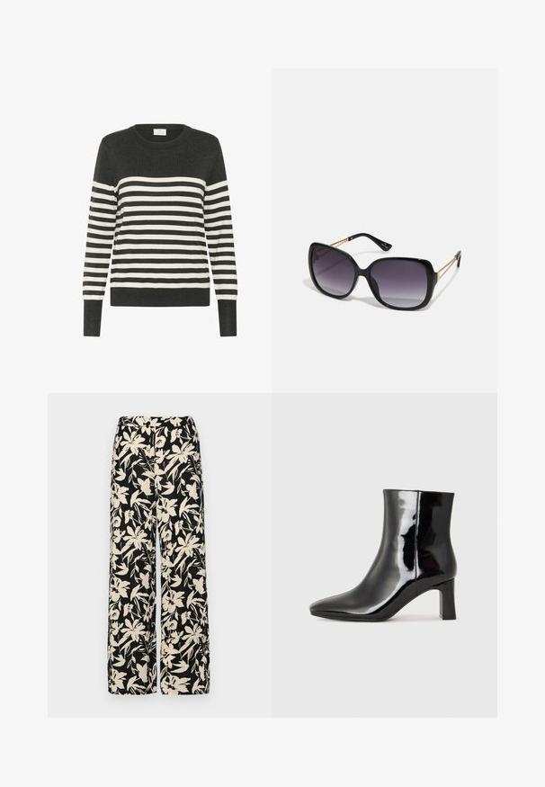 Gestreepte trui in donkergrijs en wit, met ronde hals, lange mouwen, voorzien van horizontale strepen en geribde manchetten en zoom. Zachte gebreide stof.; Zwarte wijde broek met een crèmekleurig bloemenpatroon. Gemaakt van lichtgewicht stof, met een zachte textuur en een hoge tailleband.; Zwarte gepolijste leren enkellaars met een spitse neus en een blokhak van gemiddelde hoogte. Glad textuur en minimalistisch ontwerp.; Zwarte oversized zonnebril met gradient glazen, dikke montuur en gouden kettingdetails op de pootjes.