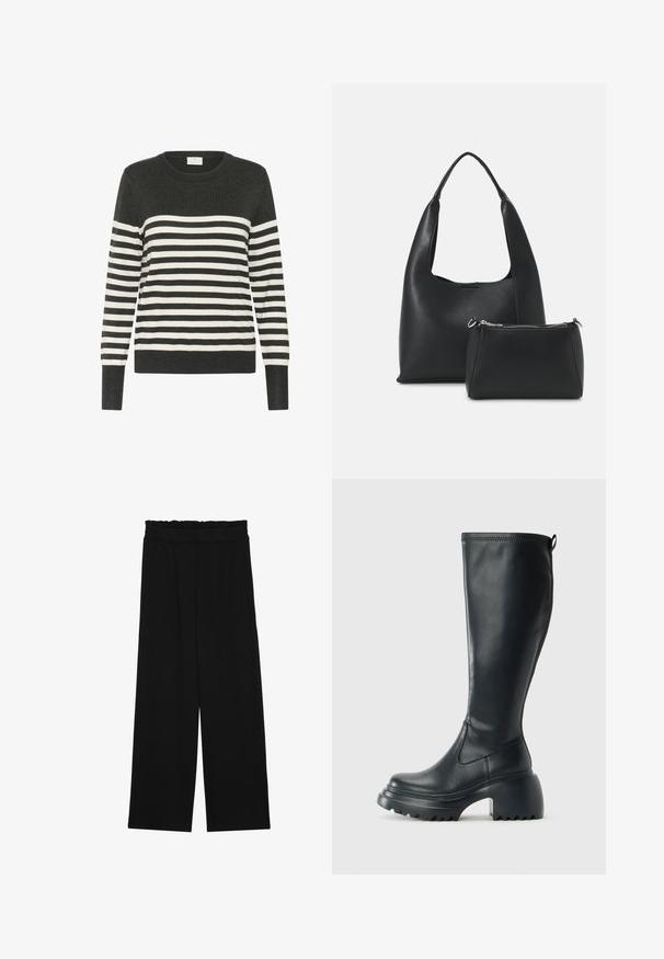 Pull rayé en gris foncé et blanc, col rond, manches longues, arborant des rayures horizontales et des poignets et un ourlet côtelés. Matière tricotée douce.; Pantalons larges noirs à taille volante, dotés de deux poches latérales et d'un tissu lisse et léger. Pas de motifs ni de matériel visible.; Botte en cuir noir haute avec semelle plateforme épaisse et talon carré, dotée d'une languette et d'un motif texturé sur la semelle extérieure.; Even&Odd Sac à main - black
