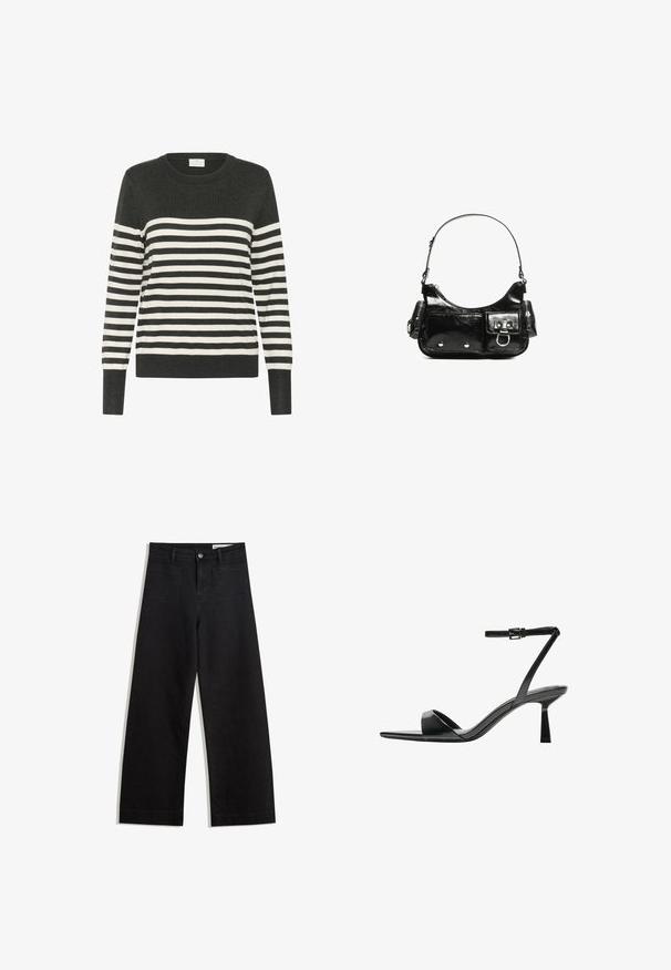 Gestreepte trui in donkergrijs en wit, met ronde hals, lange mouwen, voorzien van horizontale strepen en geribde manchetten en zoom. Zachte gebreide stof.; Zwarte denim broek met wijde pijpen en een hoge taille, voorzien van voor- en achterzakken, gestikte naden en een knoopsluiting. Gladde textuur.; Bershka Sandalen met hoge hak - black; Zwarte laarzen in lakleer met een gebogen vorm, één schouderband, voorvakken en accenten in zilverkleurig metaal.