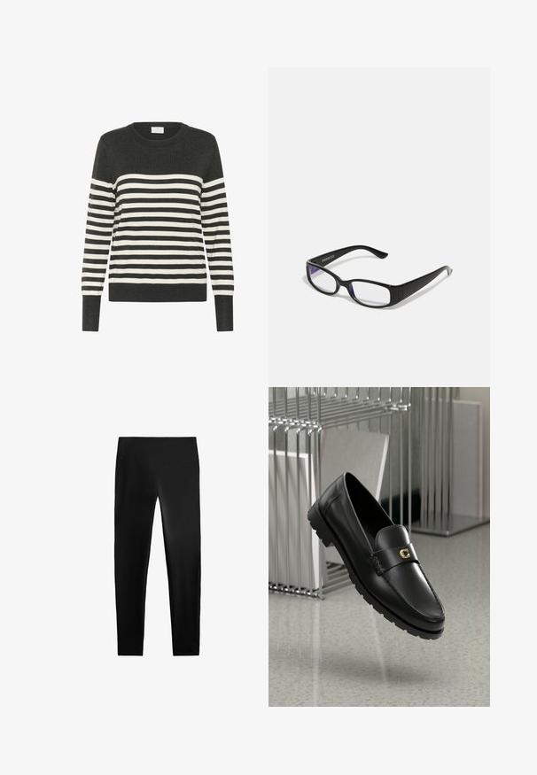Striped sweater in dark grey and white, crew neck, long sleeves, featuring horizontal stripes and ribbed cuffs and hem. Soft knit material.; Black leggings made of stretchy fabric, featuring a high waistband, fitted design, and smooth texture, with no visible patterns or accents.; Black leather loafers with a raised seam, gold accent logo, and textured strap. Features a thick, durable rubber sole.; Black rectangular glasses with clear lenses. Glossy finish, narrow arms, and purple tint visible at the edges of the lenses.; Gold-tone earrings featuring a spiral design with layered curves, showcasing a metallic finish and smooth texture for visual depth.
