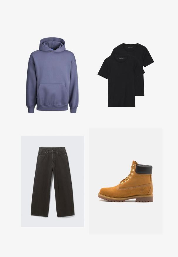 Sudadera con capucha de material suave en color púrpura claro, con bolsillo canguro, puños y dobladillo acanalados. Corte relajado sin gráficos ni patrones.; Dos camisetas de algodón negras de manga corta, con cuellos redondos y una textura suave, presentadas apiladas una sobre la otra.; Los vaqueros de mezclilla negros de pierna ancha cuentan con una cintura alta, diseño de cinco bolsillos y un cierre de botones. La tela tiene un acabado suave y texturizado.; Botín de ante marrón claro con collar acolchado negro, ojales de metal dorado, detalles de costura blanca y suela de goma resistente con tacos pronunciados.