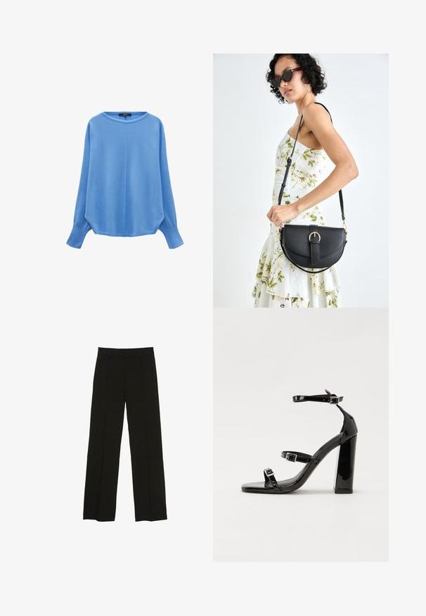 Maglione azzurro chiaro realizzato in materiale morbido. Presenta un collo a giro, maniche lunghe e una vestibilità comoda con polsini e orlo a coste.; Pantaloni neri a gamba larga realizzati in un tessuto morbido, con una vita aderente e sottili pieghe frontali per un tocco di consistenza.; Sandali con tacco alto in vernice nera con due cinturini con fibbia, punta quadrata e tacco spesso a blocco, caratterizzati da una texture liscia e lucida.; Borsa a tracolla nera in pelle con una forma curva, manico rimovibile e accessori dorati. La borsa presenta una patta con un dettaglio a fibbia.