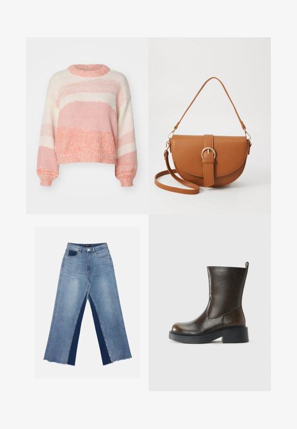 ONLY ONLJENNY LIFE ONECK - Džemperis - terra cotta; Gaiši zili platā piegriezuma džinsi ar kontrastējošiem tumši ziliem paneļiem, nodilušiem apakšmalām un standarta jostasvietu ar metāla pogu aizdari.; Tumši brūni pusgarie ādas zābaki ar noapaļotu purngalu, biezu melnu zoli, zemu blokveida papēdi un vilkšanas cilpu aizmugurē.; Brūns ādas plecu soma ar izliekta formu, zelta piederumiem un sprādzes akcentu. Iesaiņota ar noņemamu plecu siksnu.