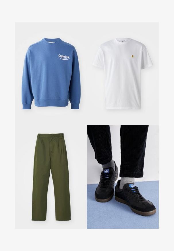 Sweatshirt azul de algodão com gola redonda e punhos canelados. Apresenta o logótipo branco da Carhartt Delicatessen no lado esquerdo do peito.; T-shirt branca de algodão com mangas curtas, decote redondo, apresentando um pequeno logótipo dourado na área do peito esquerdo. Textura macia e ajuste regular.; Calças verde oliva de cintura alta com um design de perna reta. Feitas de um tecido leve, com pregas frontais e fecho de botão.; Sapatilhas pretas em material de camurça e pele, com um logo azul e sola de borracha castanha. Combinadas com meias cinzentas e calças de cordura.