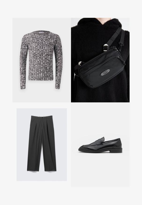 Knitted long-sleeve sweater featuring a textured black and white pattern. Round neckline and fitted cuffs. Material appears soft and lightweight.; Gray, wide-leg trousers with pleats. Made from a smooth fabric, featuring a front button closure and belt loops. Flat front design.; Black leather loafers with a smooth finish, featuring a rounded toe and a narrow band across the upper. Low stacked heel.; Black nylon crossbody bag with adjustable strap, featuring a smooth texture, a front zipper pocket, and a logo accent.