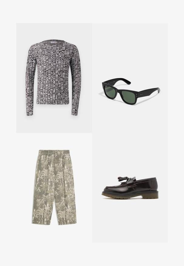 Gebreid langemouwen trui met een gestructureerd zwart-wit patroon. Ronde halslijn en aansluitende manchetten. Het materiaal lijkt zacht en lichtgewicht te zijn.; Cargo broek met wijde benen in een groen en beige camouflagepatroon van bladeren en schors, met voorzakken en riemlussen.; Bruine leren instappers met een geweven ontwerp, een kwastje en een platte rubberen zool. Beschikt over een gladde afwerking en contrasterende stiksels.; Zwarte rechthoekige zonnebril met groene lenzen, matte afwerking, subtiele hardwareaccenten en een gegraveerd logo op de slaap.; Olijfgroene schoudertas met dubbele handvatten en een verstelbare schouderriem. Beschikt over een hoofdvak met rits en een voorklep met rits.