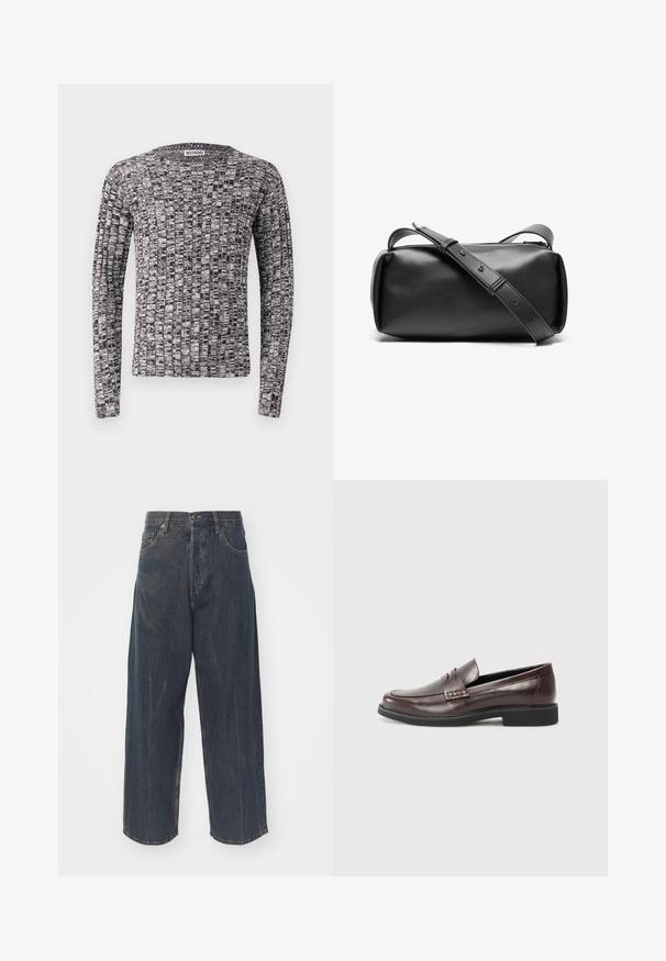Strikket langermet genser med et teksturert svart og hvitt mønster. Rund hals og tettsittende mansjetter. Materialet ser mykt og lett ut.; Bredde ben mørkeblå denimjeans med subtil slitt tekstur, fem lommer, og en klassisk knapp- og glidelås-feste i livet.; Brune lærloafers med en glat finish, der har en subtil syet detalje på overdelen og en sort gummisål.; Svart lær crossover-veske med sylinderform, glidelås-lukking og justerbar stropp. Glatt tekstur med minimalistiske design detaljer.