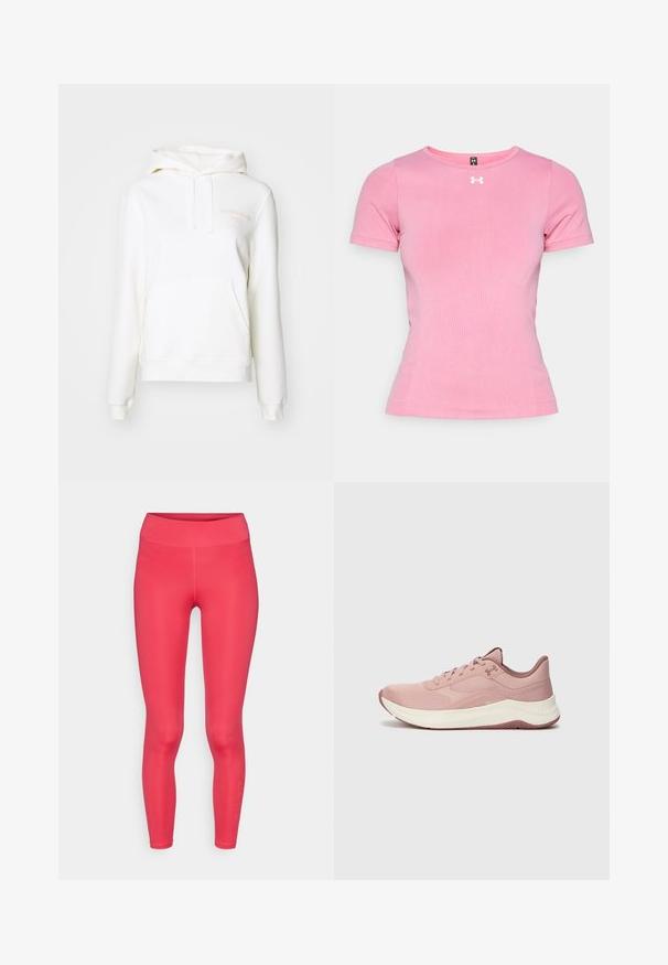 Hanorac alb cu buzunar kengur, având un logo subtil roz pe piept. Fabricat dintr-un material moale, cu glugă ajustabilă și manșete ribbate.; Tricou sportiv roz cu mâneci scurte, confecționat dintr-un material neted. Prezintă un decolteu rotund și un mic logo alb pe piept. Design cu croială ajustată.; Leggings roz intens cu talie înaltă, textură netedă și design mulat. Prezintă o branding subtil în partea de jos a piciorului stâng.; Încălțăminte sport roz deschis, cu partea superioară din plasă, guler căptușit și talpă intermediară albă. Prezintă modele texturate și o talpă din cauciuc cu aderență.