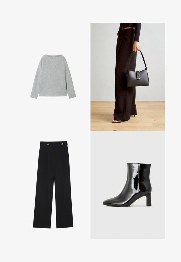 Világosszürke, hosszú ujjas pulóver bordázott anyagból. Széles nyakkivágással és laza szabással rendelkezik. A szegély és az ujjak vége egyszerű varrással van elkészítve.; Fekete, bő szárú nadrág magas derékkal, gombos részletekkel a derékrészen és elülső pliszékkal.; Fekete lakk bőrcipő bokáig érő, hegyes orral és közepes magasságú tömbsarokkal. Simább textúrával és minimalista dizájnnal rendelkezik.; Fekete kézi táska strukturált formával, sima textúrával és fémből készült záródással. Széles fekete nadrággal és nyitott orrú szandállal párosítva, fából készült padlón.