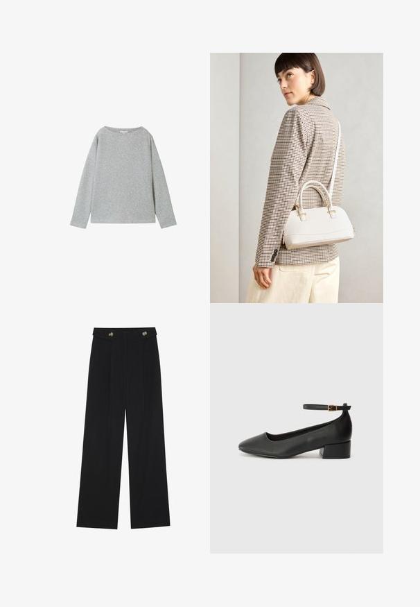 Svetlo šedý sveter s dlhým rukávom vyrobený z rebrovanej látky. Má široký výstrih a voľný strih. Spodný lem a manžety sú dokončené jednoduchým švom.; Čierne široké nohavice s vysokým pásom, so zapínaním na gombíky na páse a prednými sklady.; Čierne kožené lodičky s špicatou špičkou a nízkym blokovým podpätkom. Obsahuje remienok okolo členka so zlatým prackou. Hladký povrch.; Biela štruktúrovaná kabelka s krátkymi rúčkami a ramenným popruhom, s zlatými kovovými prvkami a textúrovaným materiálom, vystavená na šedom pozadí.