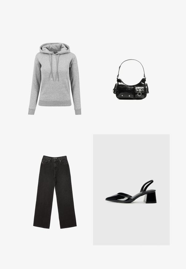 Haut à capuche gris en coton, équipé d'une capuche avec cordon de serrage, de manches longues, de poignets côtelés et d'un ourlet. Design uni sans motifs.; Jean noir à jambe large en denim, ornés de petits motifs à pois, avec un design classique à cinq poches et une fermeture à bouton et zip.; Escarpins en cuir verni noir avec bout pointu et talon bloc géométrique. Présente un design élégant et minimaliste ainsi qu'une texture lisse.; Sac à main en cuir verni noir avec une forme incurvée, une bandoulière, des poches avant et des accents en métal argenté.