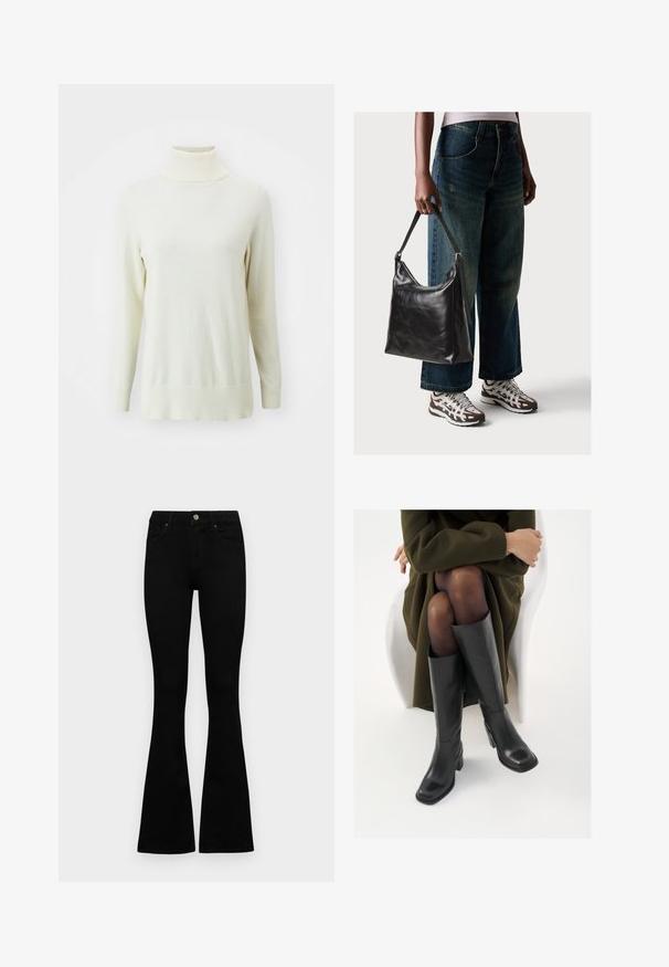 Gaiši krēms turtlenecks džemperis ar garām piedurknēm, ribotām aprocēm un apkakli, gluda tekstūra, standarta piegriezums.; Melni augsta jostas šorti ar pogu un rāvējslēdzēju, priekšējām kabatām un izplestām kājām, nolikti uz balta fona.; Ceļgalu augstuma melni ādas zābaki ar kvadrātu purngalu un bloku papēdi, attēloti modelī, kurš sēž olīvu zaļā mētelī. Gluda tekstūra, minimāla apdare.; Melna ādas pleca soma ar gludu tekstūru un regulējamu siksnu, saskaņota ar izbalējušām platām biksēm un sportiskām kedām.