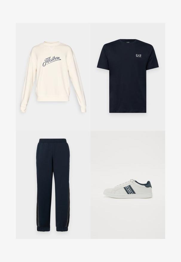 Beige Sweatshirt mit grauem, geschwungenem "Malbon"-Logo, Rundhalsausschnitt, gerippten Bündchen und Saum sowie sichtbaren Nähdetails.; Navyblaue Baumwoll-T-Shirt mit kurzen Ärmeln, Rundhalsausschnitt und einem kleinen weißen gestickten Logo auf der linken Brust. Glatte Textur.; Navy Sweatpants mit weichem Material, schmal zulaufenden Bündchen und Netzseiteneinsätzen. Elastischer Bund für Komfort und legere Passform.; Weiße Sneaker mit einer glatten Lederstruktur. Verfügt über zwei dunkelblaue Streifen an der Seite und einen passenden dunkelblauen Akzent an der Ferse. Reguläres Schnürdesign.