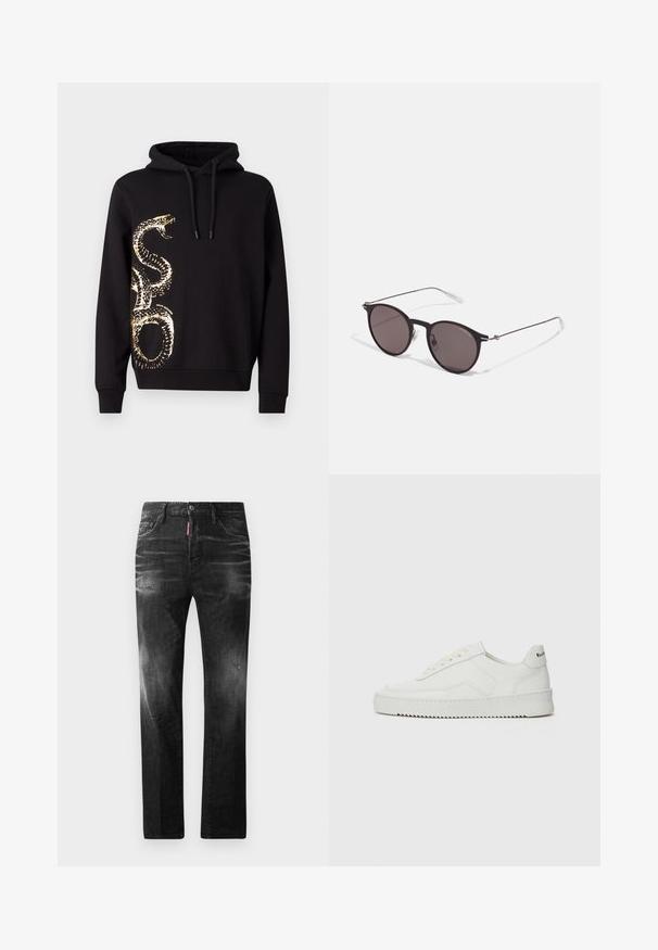 Melnā kapucē ar zelta čūskas grafiku vienā pusē. Izgatavots no mīkstas auduma, ar regulējamu kapuci un ribinātām piedurknēm.; Melni džinsi no denima ar taisnu piegriezumu. Iespējas ietver izbalējušas vietas, nelielas nodiluma pazīmes, klasisko piecu kabatu dizainu un pogu aizdari.; Baltas ādas sneakers ar gludu virsmu, apaļu pirkstu daļu, plakaniem šņorēm un teksturētu zoli. Satur diskrētu logotipu uz papēža.; Melni apaļi saulesbrilles ar tumšiem lēca un plānām metāla stangām. Iekļautas caurspīdīgas tempļu galviņas un sudraba akcenti pie eņģes. Minimalistisks dizains.