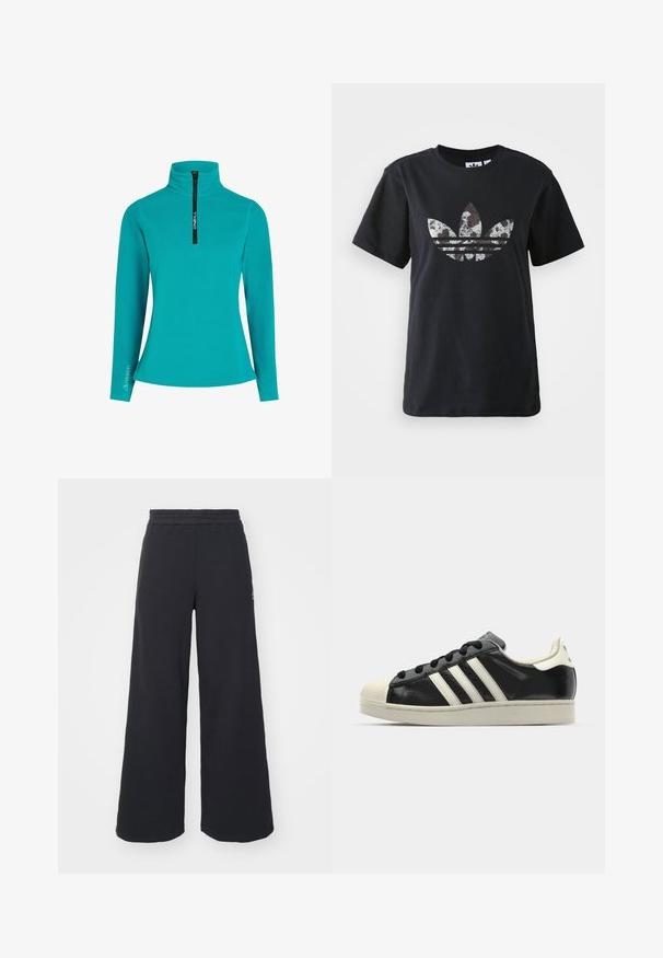 Turkoosi fleece-pullovers, jossa on puoliveto edessä, korkea kaulus ja pitkät hihat. Hihassa on "Polartec" logo. Yksinkertainen muotoilu.; Mustat puuvillapaidat, joissa on lyhyet hihat, etupuolella suuri hopeinen ja ruskea Adidas-logo ja kolme raitaa.; Mustat leveät collegehousut, jotka on valmistettu pehmeästä kankaasta. Niissä on elastinen vyötärö ja pieni logo vasemmalla puolella.; Musta nahkasneakeri, jossa on valkoiset raidat, kuminen varvassuoja, mustat nauhat ja kermaisa ulkopohja. Suora pinta ja kiiltävä viimeistely.