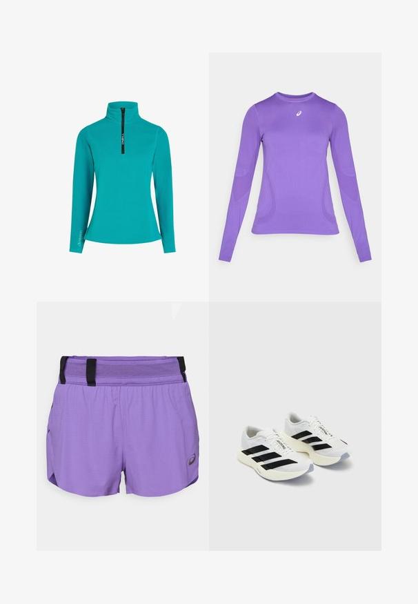 Turkis fleece sweatshirt med halv lynlås foran, høj krave og lange ærmer. Har et "Polartec" logo på ærmet. Simpelt design.; Langærmet træningstrøje i lyse lilla stof, med en tætsiddende pasform, rund hals og subtil struktur med logo detaljer på brystet.; ASICS METARUN SPLIT SHORT - Korte sportsbukser - edo purple; Hvide sportsko med sorte striber og branding, med en mesh-overdel, afrundet tå og tyk cremefarvet sål til polstring.