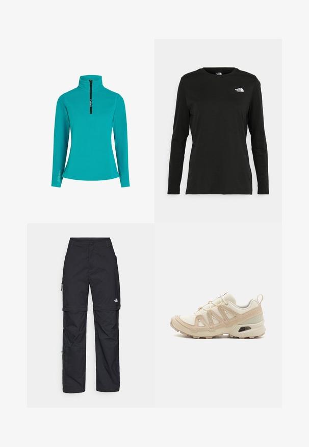 Turkio sidabro puloveris su pusiau užtrauktuku priekyje, aukštu apykakle ir ilgomis rankovėmis. Yra "Polartec" logotipas ant rankovės. Paprastas dizainas.; Juodas ilgomis rankovėmis medvilninis marškinėliai su apvali apykakle. Savybė - mažas baltas logotipas kairėje krūtinės pusėje. Paprastas dizainas ir pritaikymas.; Juodos nailoninės krovinių kelnės su reguliuojamais rankovėmis, daugybe kišenių ir logo ant dešinės kojos. Lygi, lengva tekstūra.; Bežinės ir kreminės spalvos sportinės bateliai su tekstūruoto tinklelio viršutine dalimi, palaikančiomis detalėmis ir guminiais padais, turinčiais raštą, užtikrinantį sukibimą.