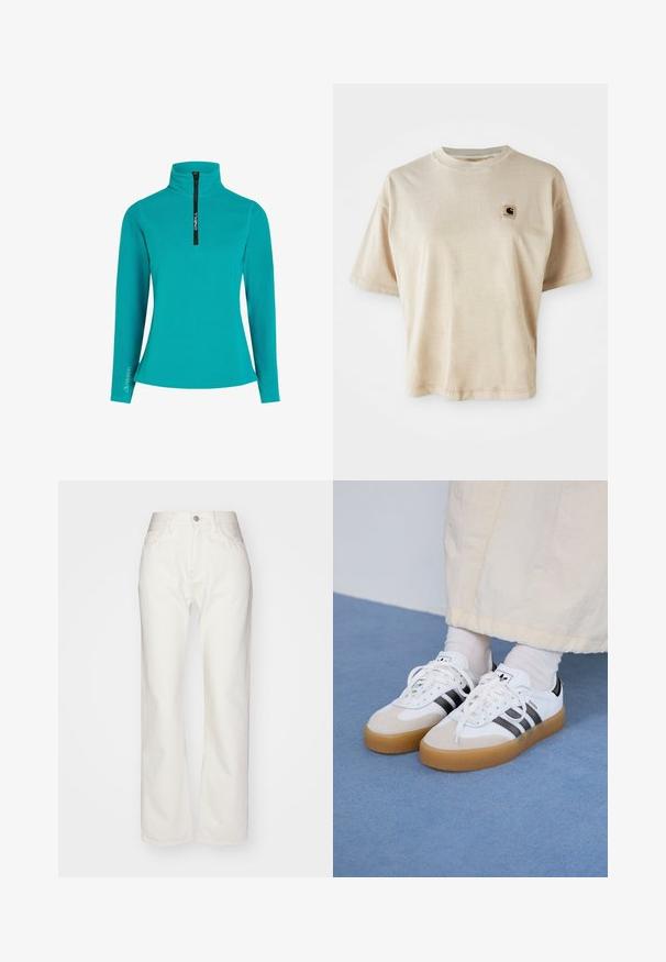 Turquoise fleecetrui met een halve ritssluiting aan de voorkant, hoge kraag en lange mouwen. Bevat een "Polartec" logo op de mouw. Eenvoudig ontwerp.; Beige katoenen t-shirt met een relaxte pasvorm, ronde hals, korte mouwen en een klein vierkant logo-opdracht op de linkerkant van de borst.; Witte denim broek met een hoge taille en wijde pijpen. Voorzien van een knoop- en ritsluiting, ceintuurlussen en subtiele stikseldetails.; Witte sneakers met zwarte strepen en beige suède accenten. Voorzien van een gestructureerde gumzool en platte witte veters, gedragen met lichtgekleurde sokken.