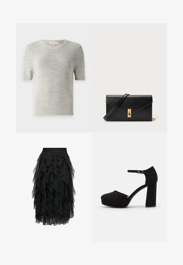 Sweter z krótkim rękawem w jasnoszarym kolorze, dzianinowa tekstura, okrągły dekolt, ściągacz u dołu, wykonany z lekkiego materiału. Brak widocznych wzorów lub akcentów.; Czarna bluzka na jedno ramię z falbaną z przezroczystego materiału wzdłuż dekoltu, wykonana z lekkiego materiału o gładkiej fakturze.; Czarna midi spódnica z warstwowego tiulu o falbaniastym wzorze. Posiada elastyczny pas. Przezroczysty materiał dodaje faktury i ruchu.; Czarne zamszowe szpilki na platformie z grubym słupkowym obcasem, zaokrąglonym noskiem i paskiem wokół kostki zabezpieczonym metalowym klamrem. Gładka faktura na całej powierzchni.; Czarny skórzany portfel z klapą, złotą okuciami, z akcentem logo. Zawiera odpinany pasek do noszenia.