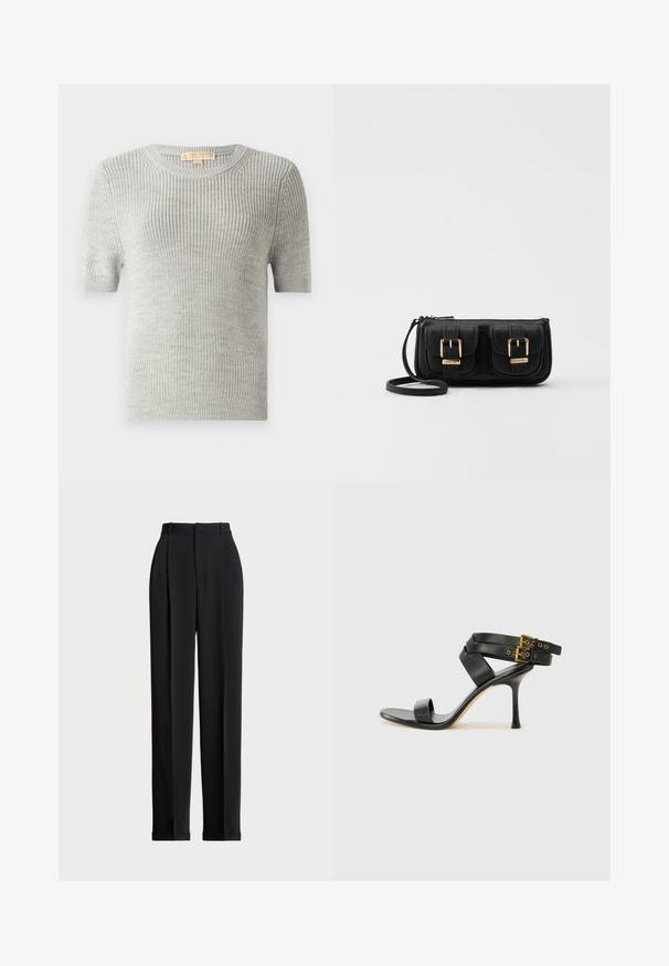 Pulover s kratkimi rokavi v svetlo sivi barvi, pletena tekstura, okrogli izrez, rebrast rob, izdelan iz lahkega materiala. Brez vidnih vzorcev ali dodatkov.; Črne krojene hlače z visokim pasom, z naborki spredaj, ravnim krojem in manšetami na koncu. Narejene iz gladkega materiala.; Črne sandale na peto z križnimi trakovi in prilagodljivo zaponko. Imajo gladko teksturo in zožen peto.; Črna usnjena torbica čez ramo z dvema sprednjima žepoma, zlatimi zaponkami, zadrgo in ozkim pasom. Tekstura površine je strukturirana, obliko pa ima kompaktno pravokotno.