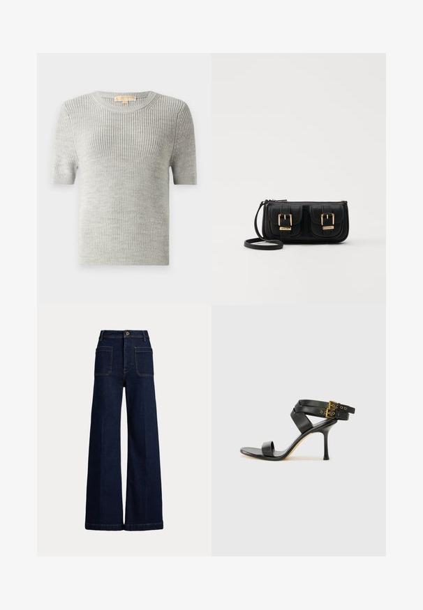 Kortermet genser i lys grå, strikket tekstur, rund hals, ribbet hem, laget av lett stoff. Ingen synlige mønstre eller detaljer.; Bredde ben, mørkeblå denimjeans med høy livhøyde, fem lommer og kontraststing. Har knappelukking og en strukturert fasong.; Svarte hælsandaler med kryssende stropper og justerbar spenne. Har en jevn tekstur og avsmalnende stilettoklakk.; Svart skinn crossbody veske med to frontlommer, gyldne spenner, glidelåslukking og en slank stropp. Teksturert overflate og kompakt rektangulær form.