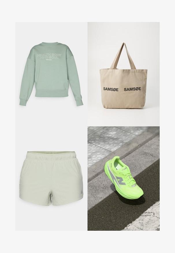Světle zelená mikina s volným střihem, kulatým výstřihem a dvojitým manžetovým zakončením. Obsahuje velký bílý potisk se nápisem "ZDRAVÉ TĚLO MYŠLENKA DUŠE."; Světle zelené sportovní šortky vyrobené z prodyšného materiálu, s perforovanou texturou a elastickým pasem. Logo tištěné na boku.; Jasně neonově zelená běžecká obuv New Balance leží na strukturovaném chodníku poblíž dotykového chodníku a okraje obrubníku.; Beige plátěná taška s dvěma černými potiskem "SAMØE". Obsahuje pevné béžové ramenní popruhy a jednoduchý, neformovaný design.