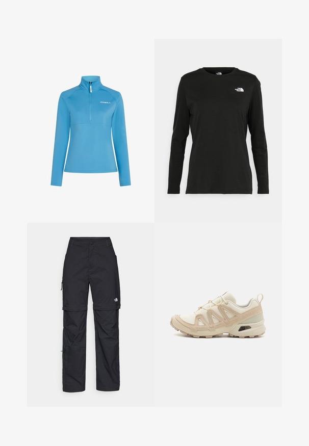 Hele sinine fliistekinnas kõrge kraega, neljandiku tõmbluku ja pikkade varrukatega. Omab horisontaalset õmblust rinna piirkonnas.; Must mustahiheline T-särk, millel on pikad varrukad, valmistatud puuvillast ja ümarast kaelusest. Vasakul rinnal on väike valge logo. Lihtne disain ja sobivus.; Mustad nailonist valmistatud eemaldatavad cargo-püksid, reguleeritavate pahkluudega, mitmete taskutega ja paremal jalal logoga. Sile, kerge tekstuur.; Beež ja koobalti spordijalats tekstureeritud võrkkattega, toetavad ülemised kihid ja kummist tallaga, millel on mustriga joonistus haardeks.