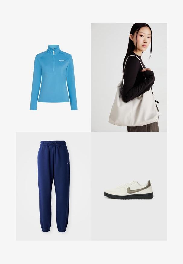 Gaiši zils vilnas krekls ar augstu apkakli, ceturtdaļas rāvējslēdzēju un garām piedurknēm. Ar horizontālu šuvi krūšu rajonā.; Navy zila sporta bikses, izgatavotas no mīksta auduma, ar elastīgu jostu ar auklu, elastīgiem piedurknēm un mazu balto logo.; Nike Sportswear FIELD GENERAL - Treniņu apavi - off-white/black; Bežs rokassoma, izgatavota no mīksta materiāla, ar brīvu dizainu, izšūtu apdari un divām plecu siksnām. Piemērota ikdienas lietošanai.