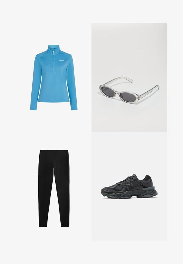 Svetlo modra flis pulover s visokim ovratnikom, četrtinskim zadrgo in dolgimi rokavi. Ima vodoravno šiv na prsih.; Črne legice iz gladkega, elastičnega materiala. Oblika je oprijeta, brez vidnih šivov ali vzorcev, kar zagotavlja eleganten videz.; Črne tekaške superge, ki združujejo mrežaste in sintetične materiale, imajo debel podplat, ukrivljen oblikovni slog ter izrazito blagovno znamko na strani.; Sončna očala ovalne oblike, prozoren plastičen okvir, temno sivi leči in tanke prozorne roke z logotipnimi akcenti in minimalnimi detajli.