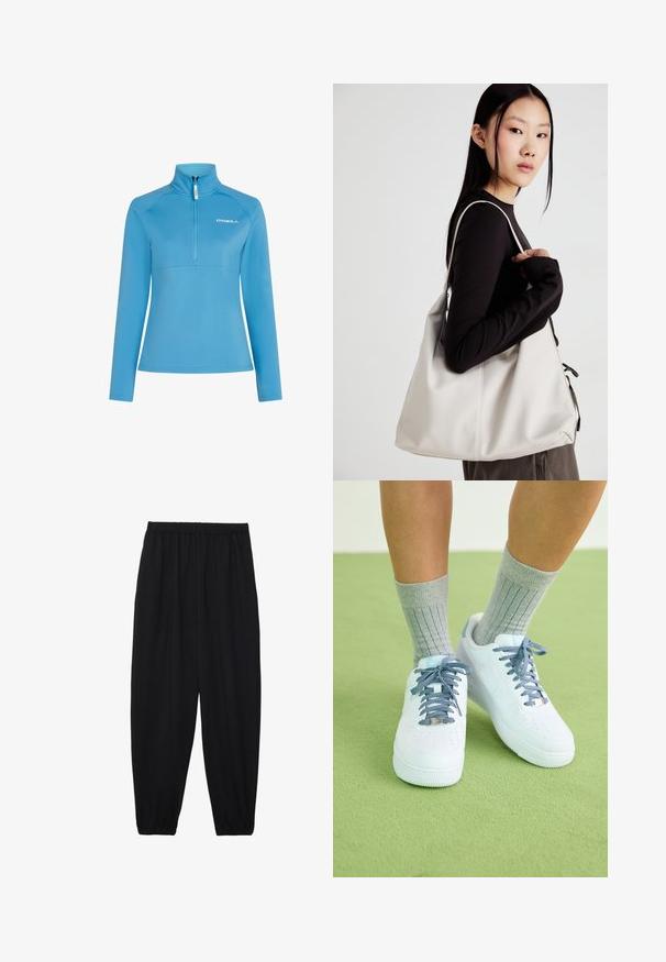 Sudadera de forro polar azul claro con cuello alto, cierre de media cremallera y manga larga. Presenta una costura horizontal en el pecho.; Pantalones negros, ligeros, con cintura elástica y tobillos fruncidos. La tela es suave y presenta un diseño relajado y ajustado.; Zapatillas de cuero blanco con detalles en azul, diseño de puntera perforada y cordones texturizados en azul y blanco, llevadas con calcetines grises con canalé.; Bolso de mano beige hecho de material suave, con un diseño holgado, detalles cosidos y dos asas. Adecuado para uso diario.