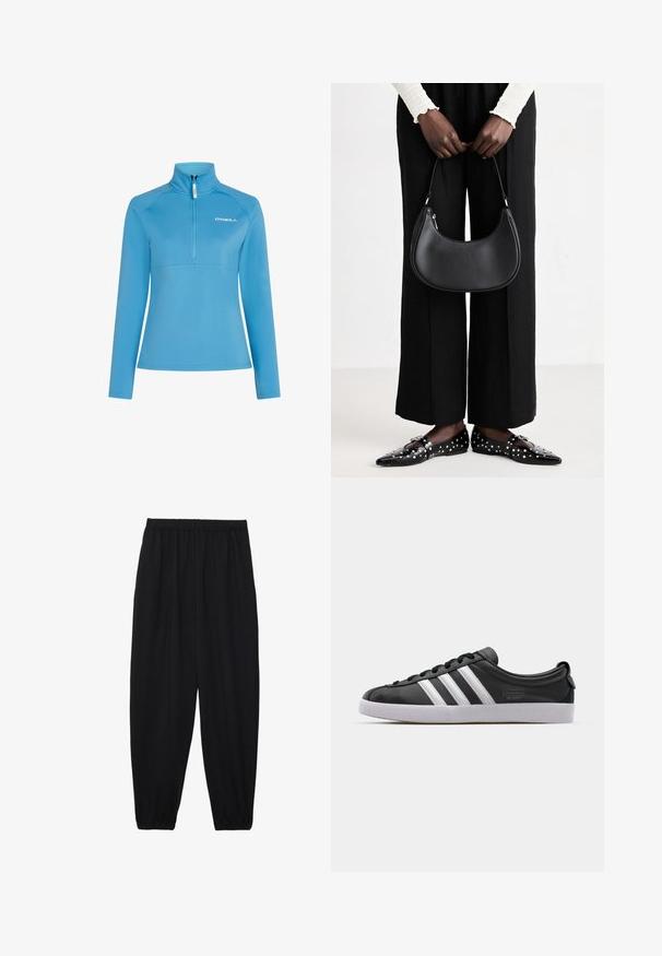 Vaaleansininen fleece-pusero korkealla kauluksella, neljänneksen vetoketjulla ja pitkillä hihoilla. Rintaa pitkin kulkee vaakasauma.; Mustat, kevyet housut, joissa on joustava vyötärö ja kerätyt nilkat. Kangas on sileä ja siinä on rento, kapeneva muotoilu.; Musta nahkakengät valkoisella kolmiraidallisella designilla, pyöreällä varpaalla, litteällä valkoisella kumipohjalla ja brändätyllä yksityiskohdalla sivussa.; Mustapohjainen nahkalaukku, jolla on pyöreä muoto, kiiltävä pinta ja hopeiset varusteet. Henkilöllä on päällään mustat leveälahkeiset housut ja niittilapaset.