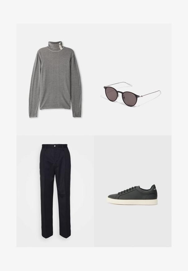 Gray striped turtleneck sweater with long sleeves. Fabric has a soft texture. Features a high collar and visible stitching accents.; Black tailored trousers with a straight-leg design, made of smooth fabric, featuring a front button closure and two side pockets.; Black leather sneaker with a low profile, rounded toe, and lace-up closure; features a textured rubber sole and logo detail on the heel.; Black round sunglasses with dark lenses and slim metal arms. Includes clear temple tips and silver accents at the hinge. Minimalist design.