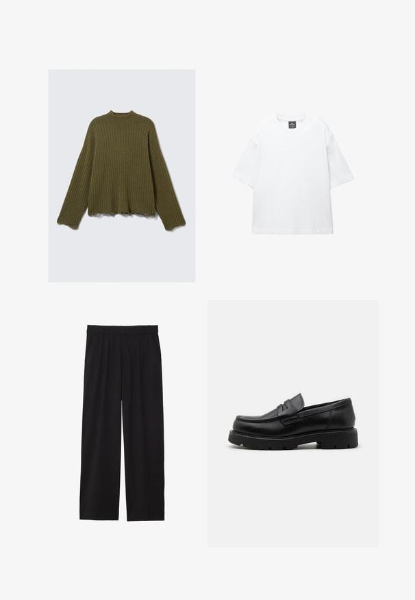 Olijfgroen ribgebreide trui met lange mouwen, met ruwe, rafelige randen op de mouwen en onderrand, plat gelegd op een witte achtergrond.; Witte t-shirt met korte mouwen van katoen, met een ronde hals en een relaxte fit met rechte zoom. Geen patronen of versieringen.; Zwarte wijde broek met geplooide voorkant, zijzakken en een gladde stoftextuur. Ontworpen voor een ontspannen pasvorm.; Zwarte leren instappers met een ronde neus, gestructureerde accenten aan de voorkant, en een stevige rubberen zool met sleuven voor grip.