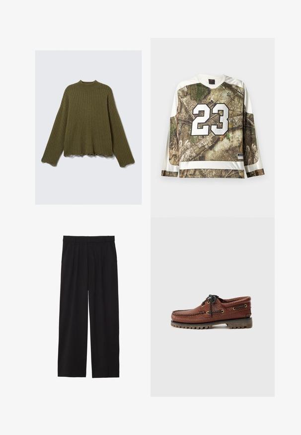 Dlouhý rukáv olivově zelený žebrovaný pletený svetr s nezpracovanými, třepícími se okraji na manžetách a lemu, položený na bílé pozadí.; Dlouhý rukáv sportovního dresu s kamuflážovým vzorem, bílým lemem, velkým číslem 23 v bílé barvě a logy značky Jordan na hrudi a lemu.; Černé široké kalhoty s skladaným předním dílem, bočními kapsami a hladkou texturou tkaniny. Navrženy pro pohodlný střih.; Hnědé kožené lodní boty s texturovaným svrškem, černým šněrováním a zlatými očka. Obsahují odolnou, vroubkovanou gumovou podrážku.