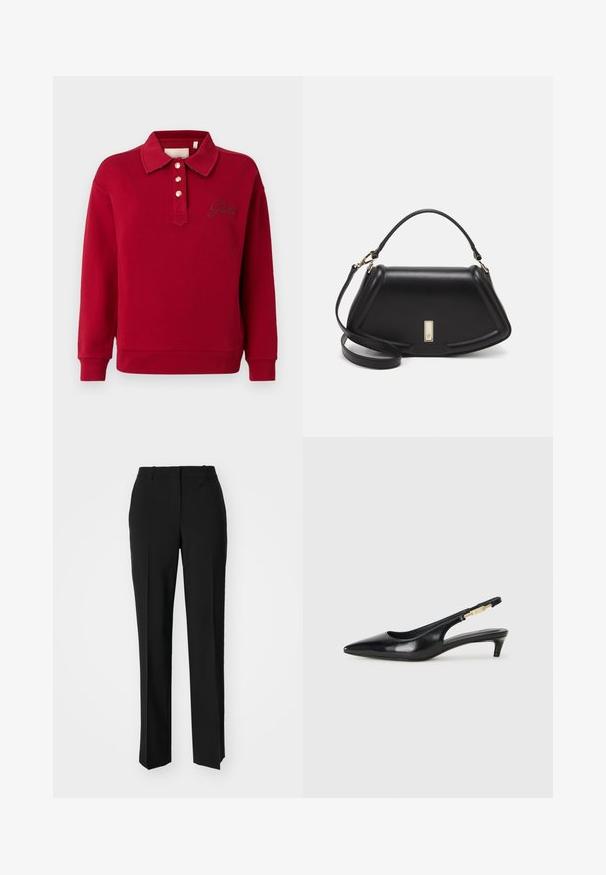 Sweat-shirt rouge avec un col polo, patte de boutonnage à trois boutons dorés et logo brodé. Manches longues et poignets côtelés. Tissu doux en mélange de coton.; Pantalon noir ajusté avec une coupe droite, présentant une texture lisse et des plis nets sur le devant. Aucune quincaillerie visible.; Talons hauts en cuir noir avec un bout pointu, dotés d'un talon fin et d'un accent en ton or sur la lanière réglable. Texture lisse.; Sac à main en cuir noir avec un design structuré, featuring une forme cropped, une poignée supérieure et des accents en matériel doré. Bandoulière réglable incluse.