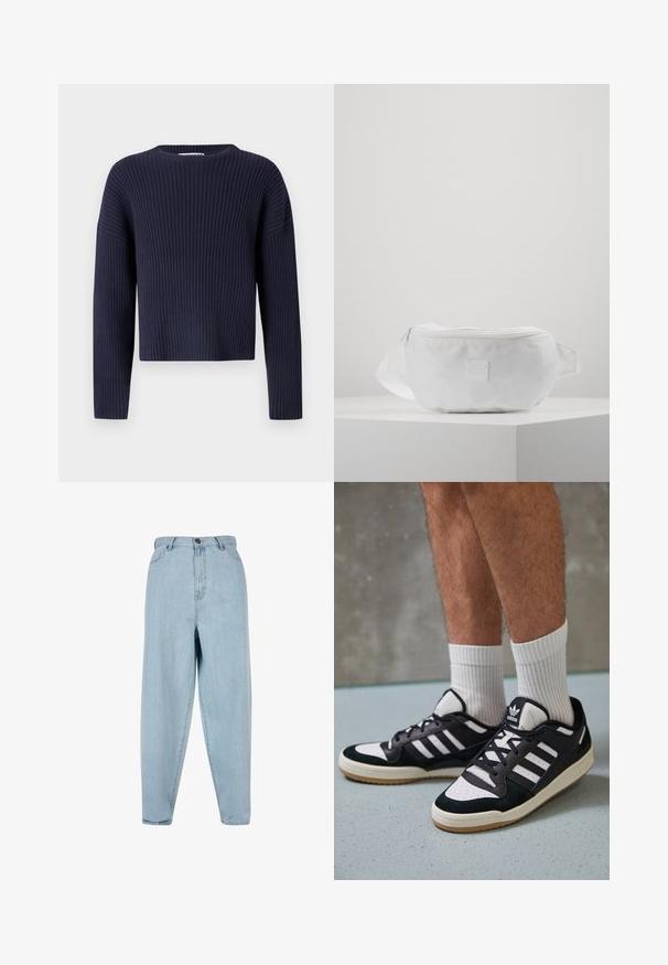 Mornarsko modra skrajšana rebrasta jopica z okroglim izrezom in dolgimi rokavi, ki ima teksturiran pleten vzorec in sproščen kroj.; Mornarsko modra polo majica dolgih rokavov, z ovratnikom, belimi obrobami ob robovih in logotipom na prsih. Material iz mešanice bombaža.; Svijetloplave traperice visokog struka s opuštenim krojem. Imaju prednju dugmad, zatvarač i dizajn s pet džepova. Blago izblijedjela tekstura tkanine.; Črno-bele superge z zgornjim delom iz usnja in nubuka, ki imajo tri bele črte, perforiran vrh prstov in podplat iz gume.; Bela fanny pack iz trpežnega blaga, z zadrgo, nastavljivim trakom in majhnim reliefnim logotipom na sprednji strani.
