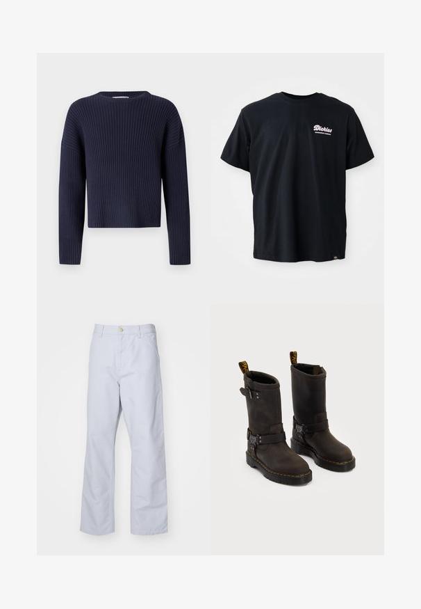 Maglione corto a coste blu navy con colletto tondo e maniche lunghe, caratterizzato da un motivo a maglia testurizzata e una vestibilità morbida.; T-shirt in cotone nero con maniche corte, scollatura rotonda e logo rosa sul lato sinistro del petto. Presenta un'etichetta sull'orlo inferiore sinistro.; Pantaloni dritti blu chiaro in cotone. Presentano una tasca frontale, una cerniera e un singolo bottone di metallo in vita.; Stivali in pelle marrone scuro con design a metà polpaccio, cuciture gialle, cinturini con fibbia regolabile e maniglie nella parte superiore. Finitura texture.