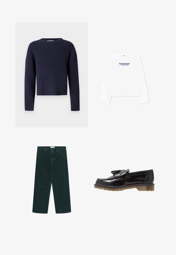 Laineetettu, lyhytnahkainen tummansininen villapaita, jossa on pyöreä kaula-aukko ja pitkät hihat. Paita on varustettu teksturoidulla neulekuviolla ja rentoa istuvuutta.; Valkoinen pitkähihainen t-paita, jossa on pyöreä kaula-aukko ja cropped-muotoilu. Violetilla tulostettu teksti lukee "STAY SAVAGE Normaalisuus on tylsää."; Tummanvihreät leveälahkeiset farkut, joissa on nappi- ja vetoketjusuljenta, etutaskut ja vyölenkit, asetettuna tasaiselle valkoiselle taustalle.; Musta patentinahkainen loafers-kengät, joissa on punottu muotoilu, tupsuaksentti ja paksu, teksturoitu kumipohja. Sivuprofiili korostaa tyylikästä siluettia.