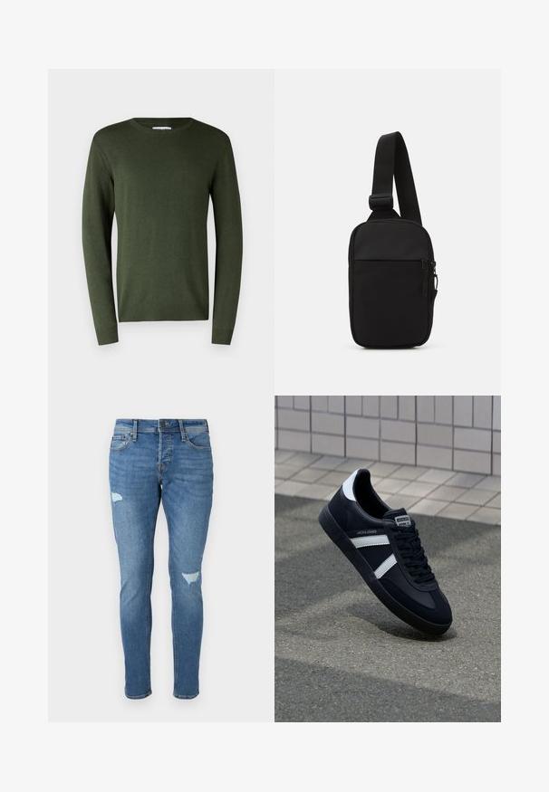 Olivově zelený, lehký svetr s kulatým výstřihem, dlouhými rukávy a žebrovanými manžetami a lemem. Hladká textura a jednoduchý design.; Bledé modré džíny s úzkým střihem, které mají opranou úpravu na kolenou, zapínání na knoflík a design s pěti kapsami.; Černé kožené tenisky s bílými pruhy, texturovanou gumovou podrážkou a šněrováním vpředu. Obsahují značenou etiketu na jazyku.; Černá crossbody taška vyrobená z odolné tkaniny, s jedním nastavitelným popruhem, zapínacím hlavním oddělením a přední kapsou.
