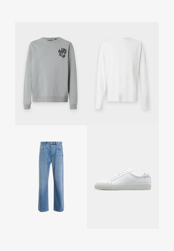 Hellgrauer Sweatshirt aus weichem Stoff, mit Rundhalsausschnitt und langen Ärmeln. Schwarzer Grafikslogan im linken Brustbereich.; Langärmliges weißes Baumwollhemd mit rundem Ausschnitt, seitlichen Schlitzen am unteren Rand und glatter Textur, von hinten präsentiert.; Helle blaue Jeans im Geradeschnitt-Design, mit fünf Taschen, Knopfverschluss, minimaler Ausbleichung und kontrastierenden Nähdetails.; Weißer Sneaker mit glattem Lederobermaterial und niedrigem Profil. Verfügt über eine runde Zehenpartie, sechs Ösen und eine strukturierte Gummisohle.