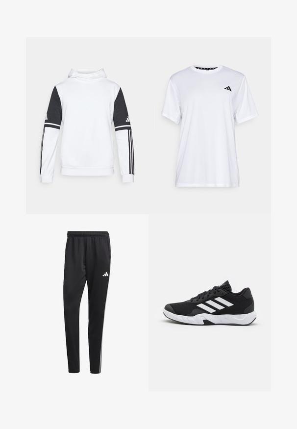 Hanorac alb cu mâneci negre, având trei dungi negre pe fiecare mânecă și logo-ul brandului pe partea superioară a mânecii stângi. Textură netedă.; Tricou sportiv alb cu mâneci scurte, fabricat dintr-un material care elimina umezeala. Are un logo negru pe pieptul stâng și o guler interiory cu un design patterned.; Pantaloni sport negru cu un brâu elastic, dungi albe pe lateral și un mic logo alb pe coapsă. Realizați dintr-un material neted și ușor.; Pantofi sport negri cu un material din plasă texturată, benzi albe de accent, o talpă cushioned și un călcâi întărit pentru suport.